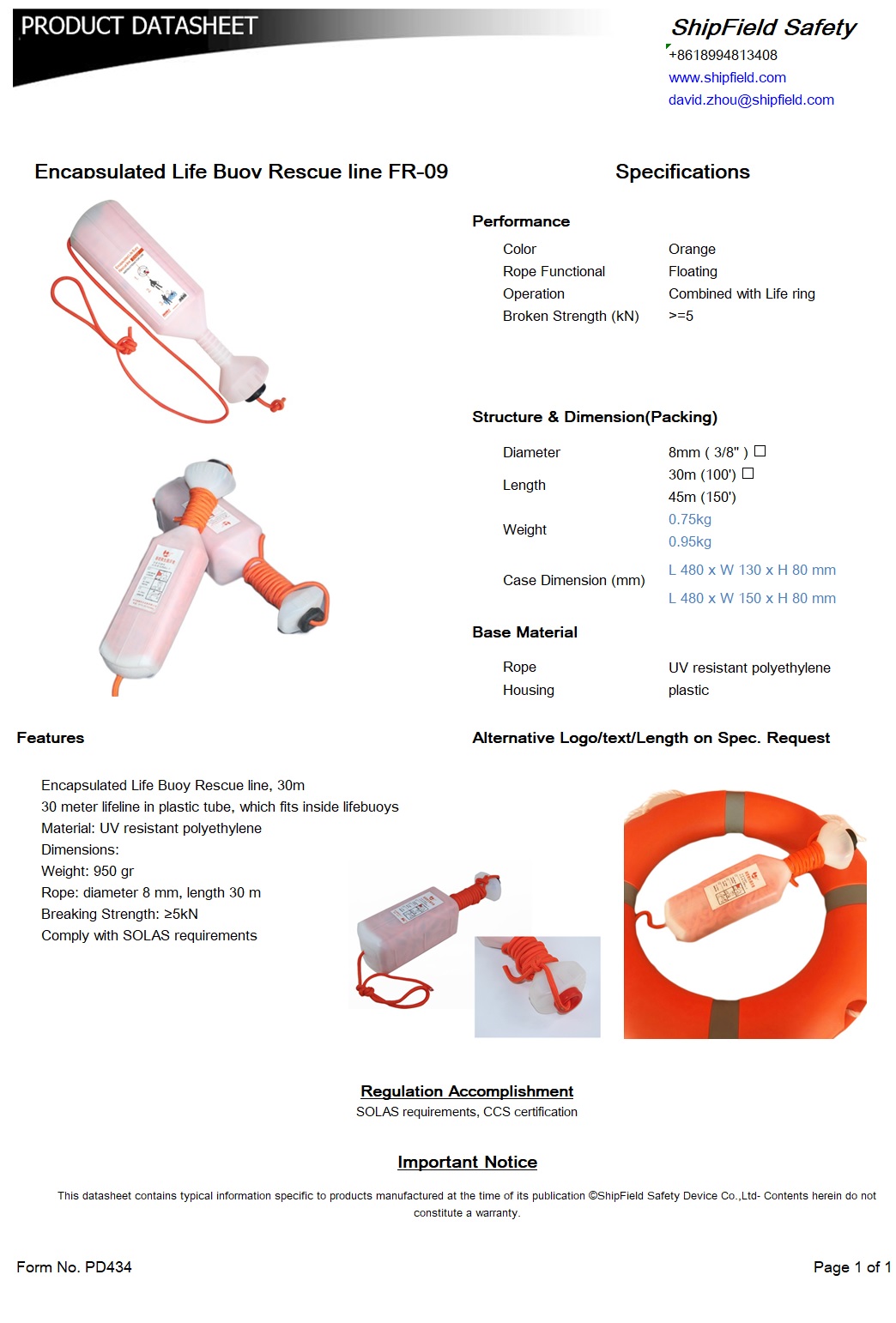 Encapsulated Life Buoy Rescue line FR09Shipfield Safety Device