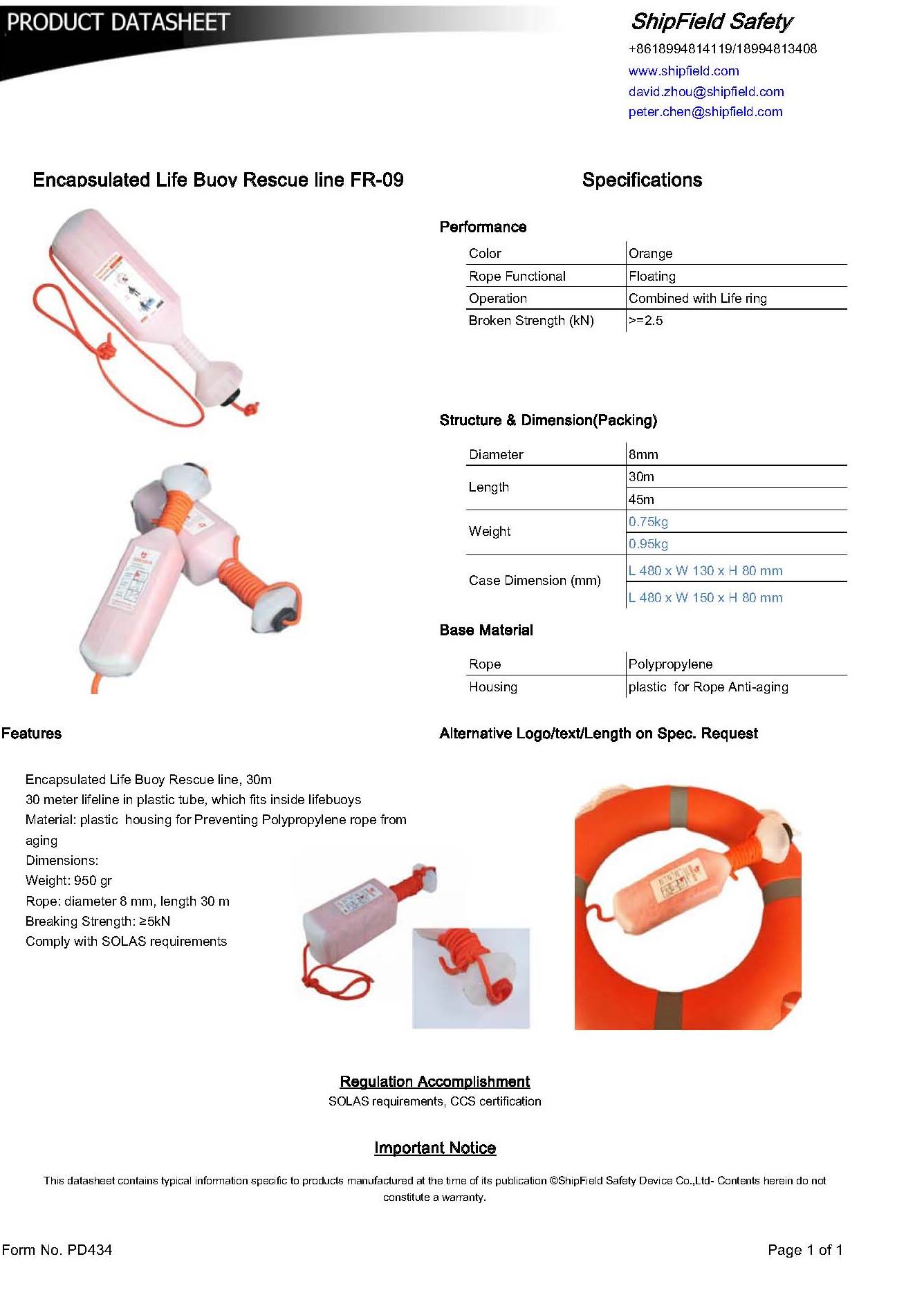 Encapsulated Life Buoy Rescue line FR-09-Shipfield Safety Device